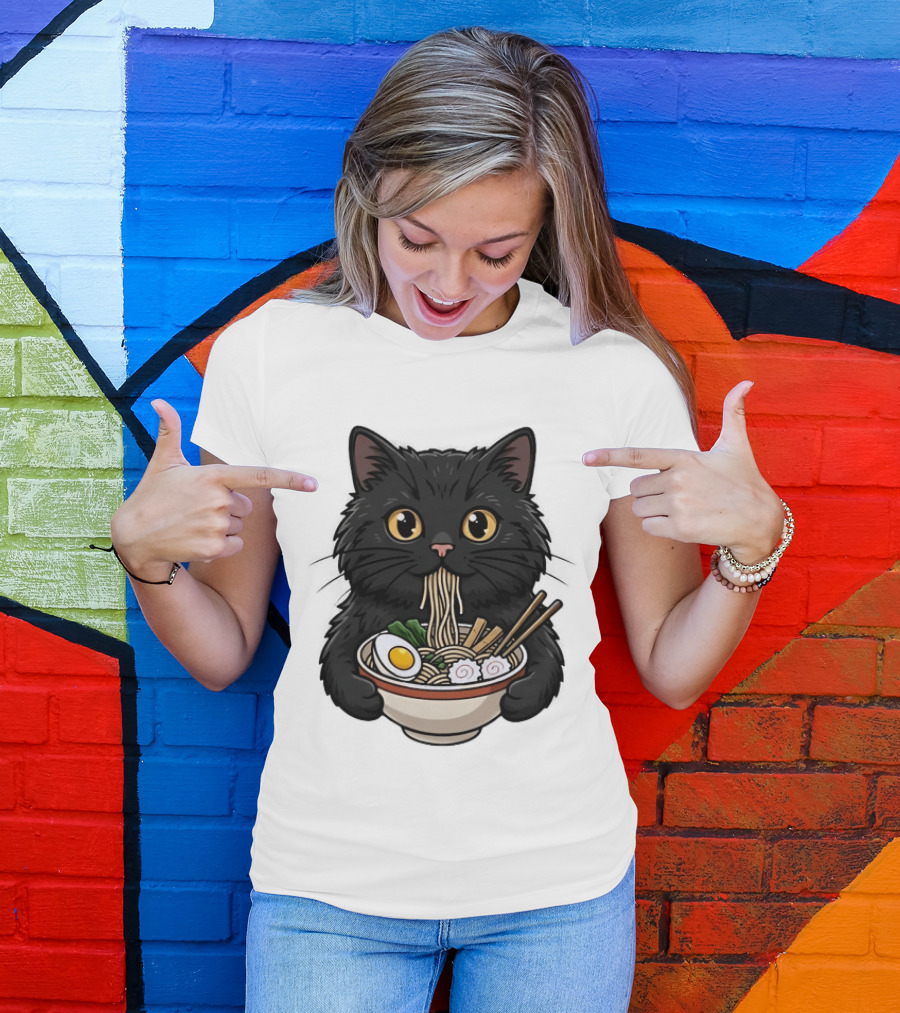 Black Cat Enjoying Ramen Noodles Anime T-Shirt