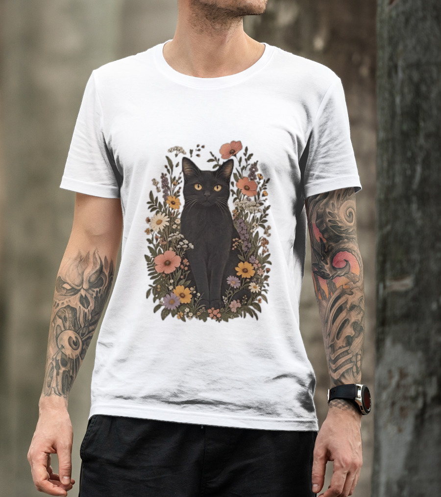 Black Cat In Blooming Garden Of Wildflowers T-Shirt
