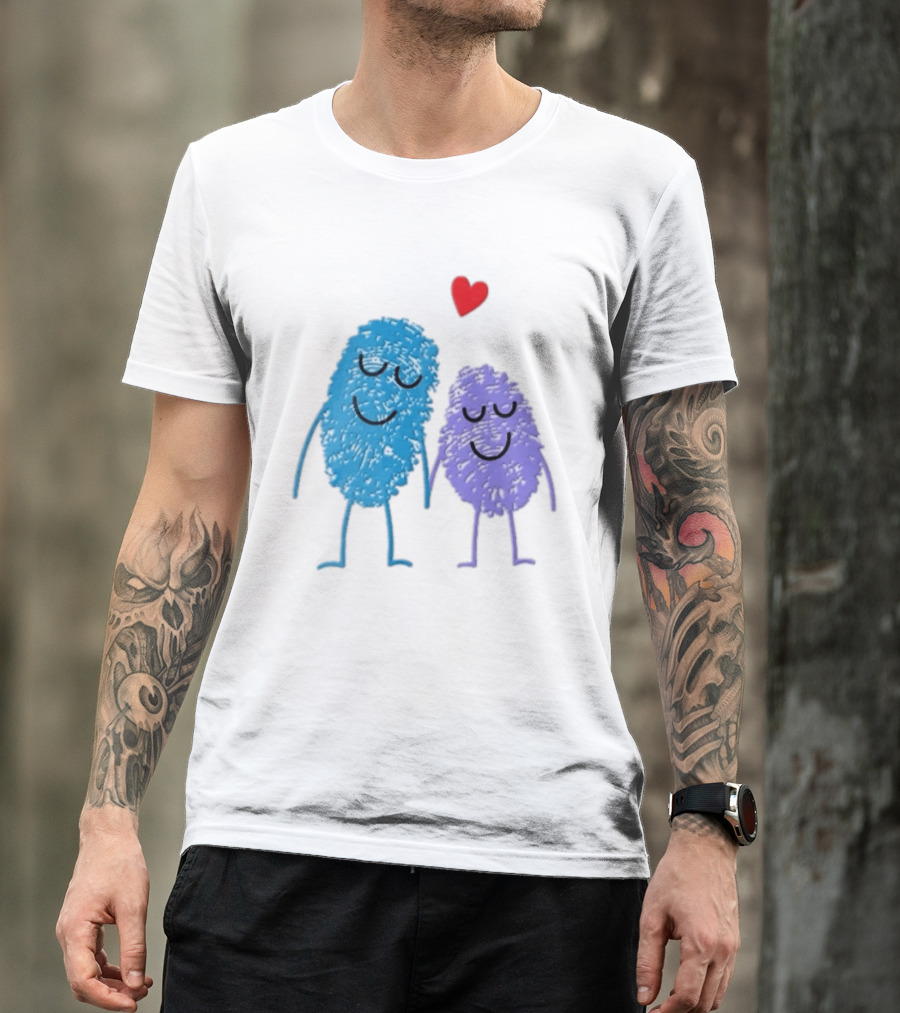 Blue Purple Fingerprint Characters Holding Hands Red Heart Cartoon T-Shirt