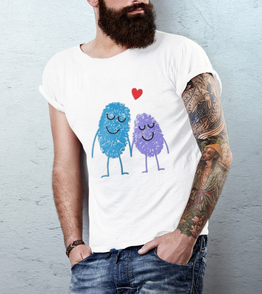 Blue Purple Fingerprint Characters Holding Hands Red Heart Cartoon T-Shirt