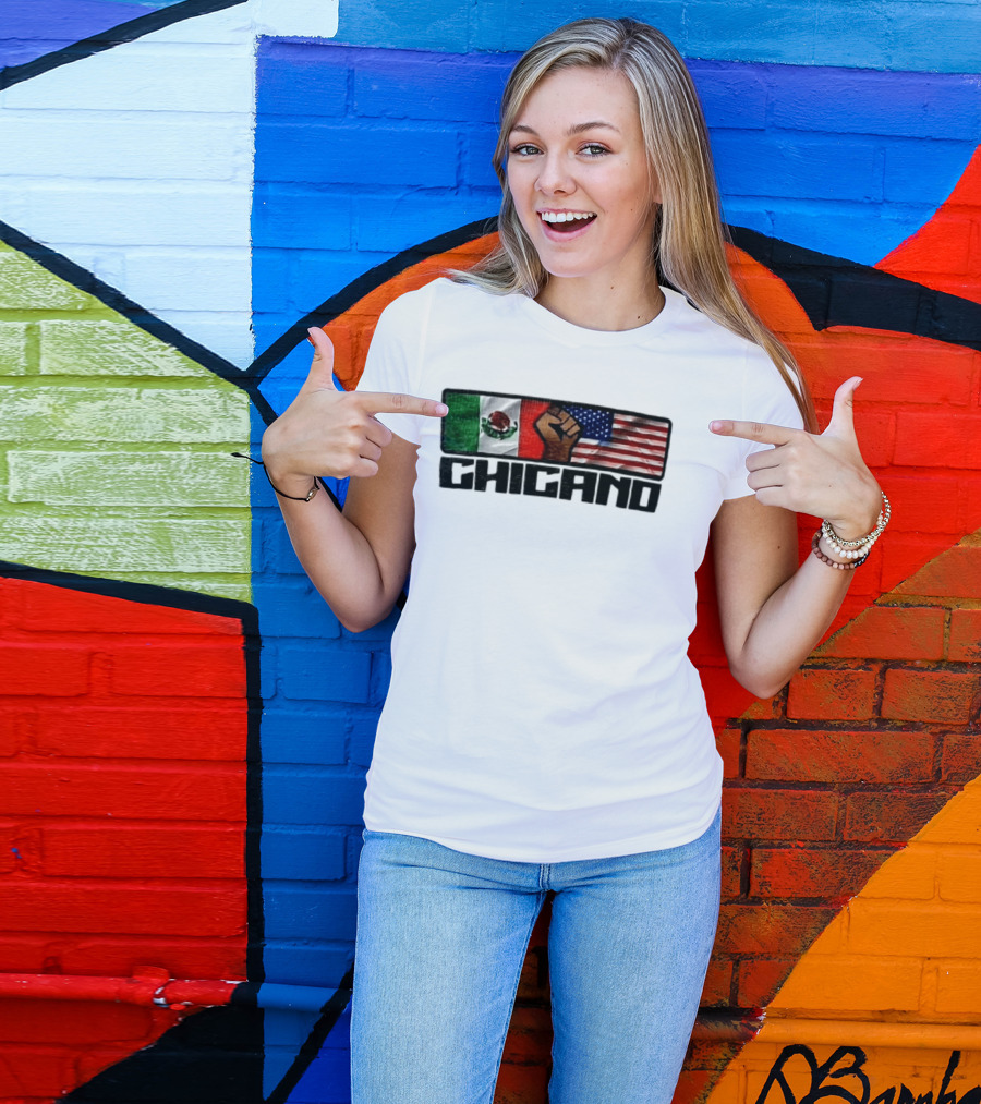 Chicano Mexican And American Flags With Raised Fist T-Shirt