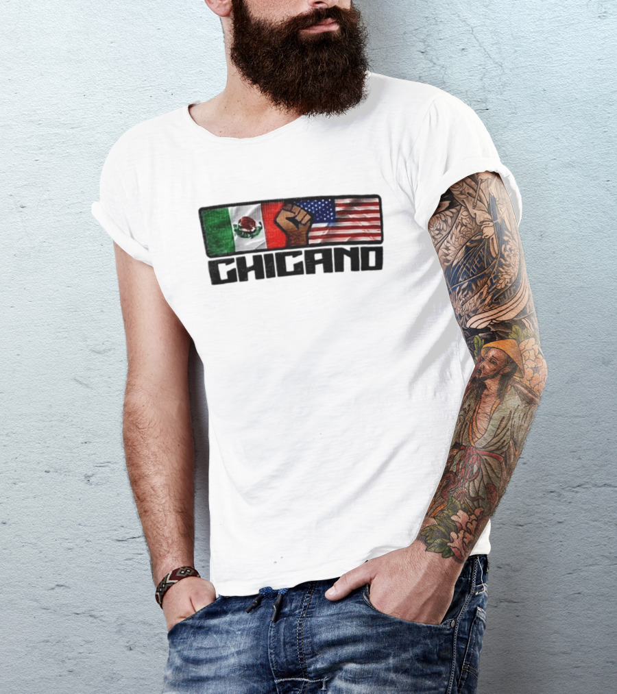 Chicano Mexican And American Flags With Raised Fist T-Shirt