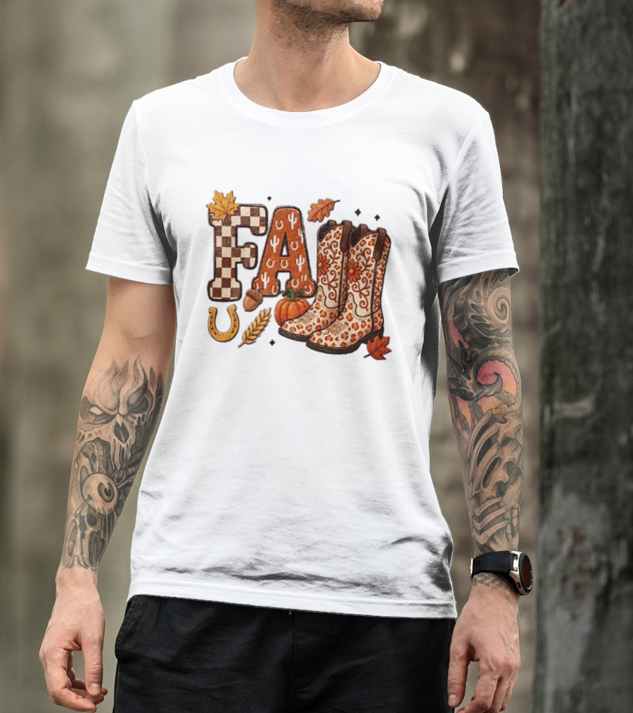 Fall Western Cowboy Boots Pumpkin Horseshoe Wheat Harvest Season T-Shirt