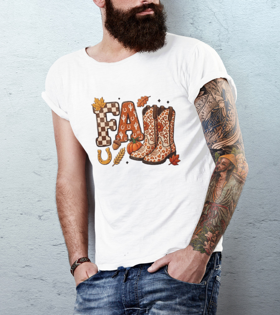 Fall Western Cowboy Boots Pumpkin Horseshoe Wheat Harvest Season T-Shirt