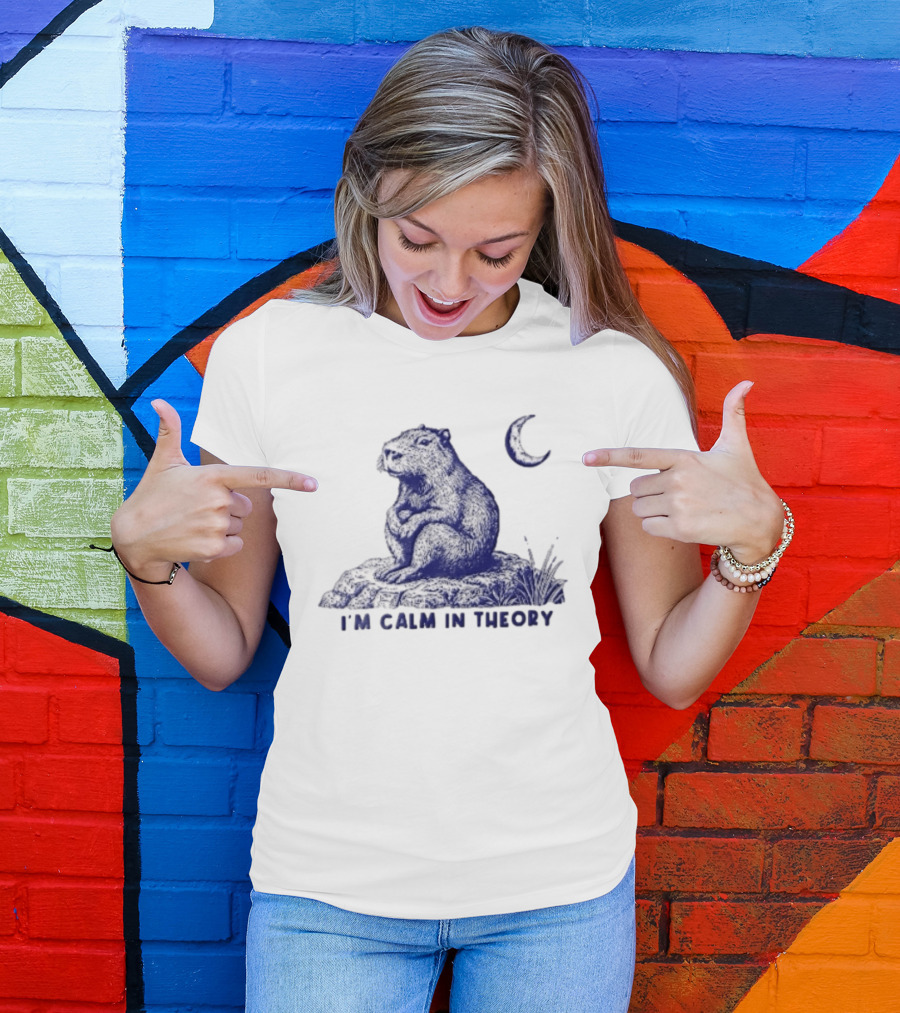 I'm Calm In Theory Capybara Sitting On Rock Under Crescent Moon T-Shirt