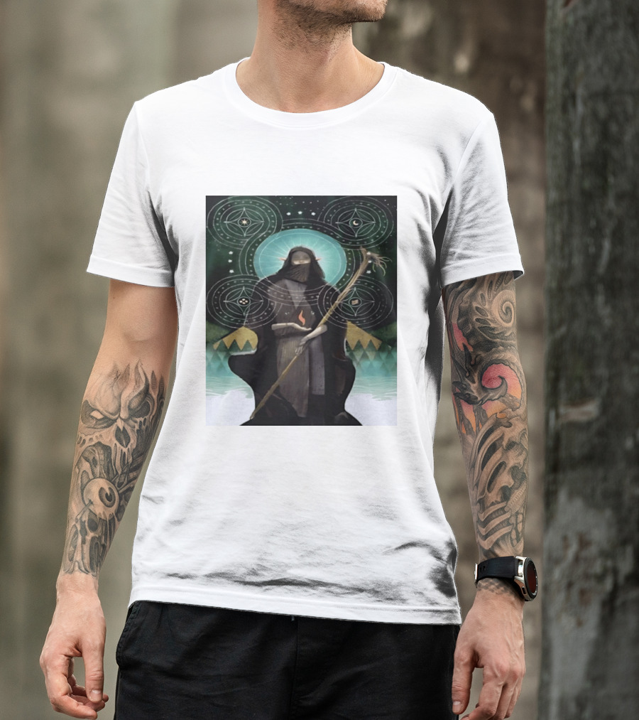 Mystical Elf Mage Staff Elemental Magic Symbols Enchanted Circles T-Shirt