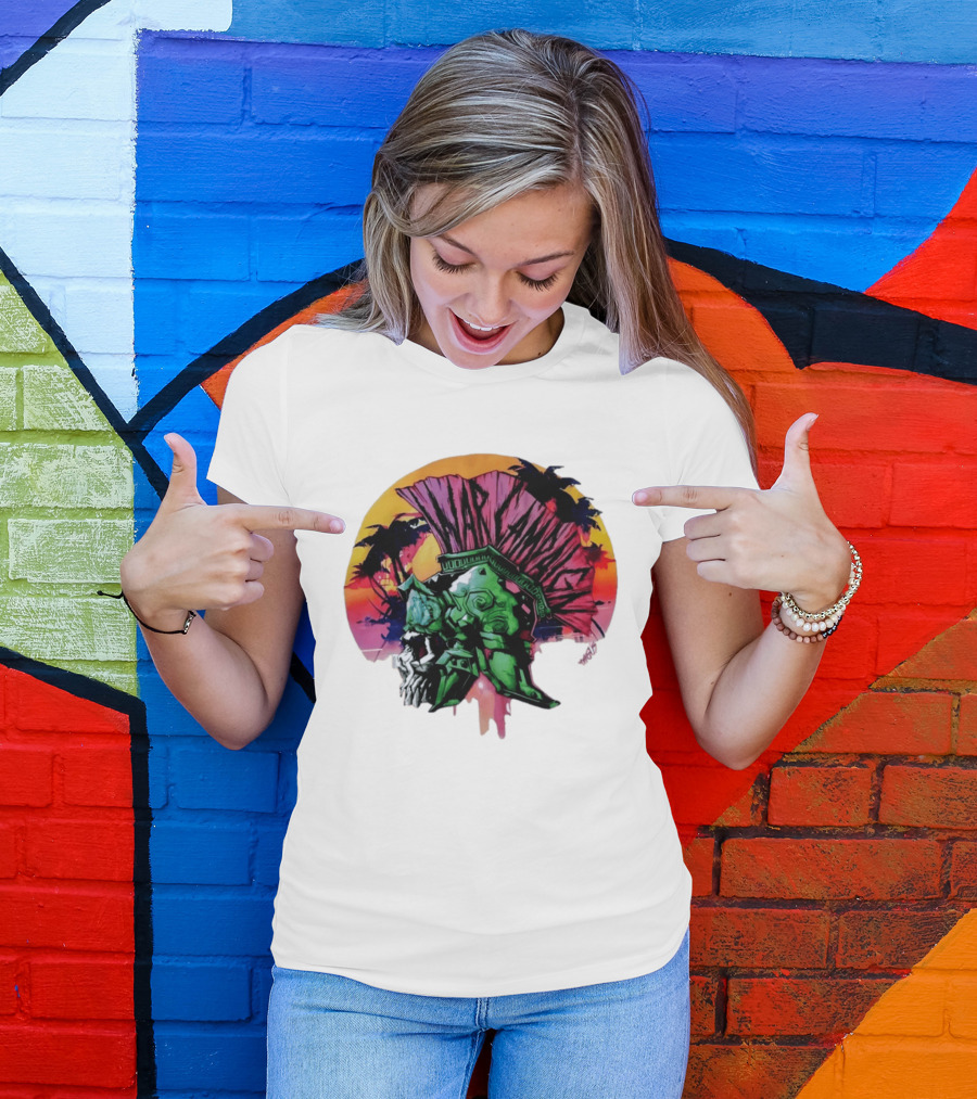 Warcraft Skull Spartan Helmet Tropical Sunset T-Shirt