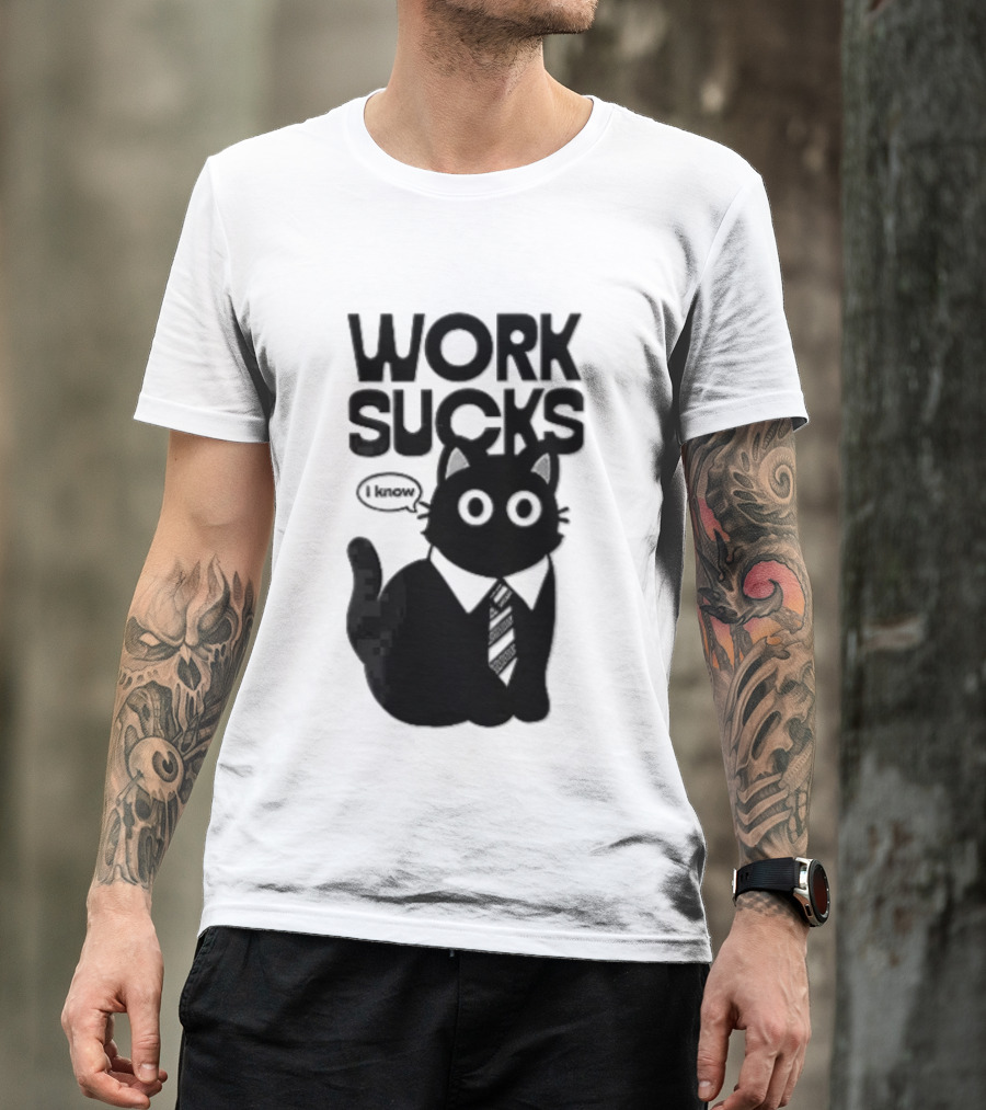 Work Sucks I Know Cartoon Black Cat T-Shirt