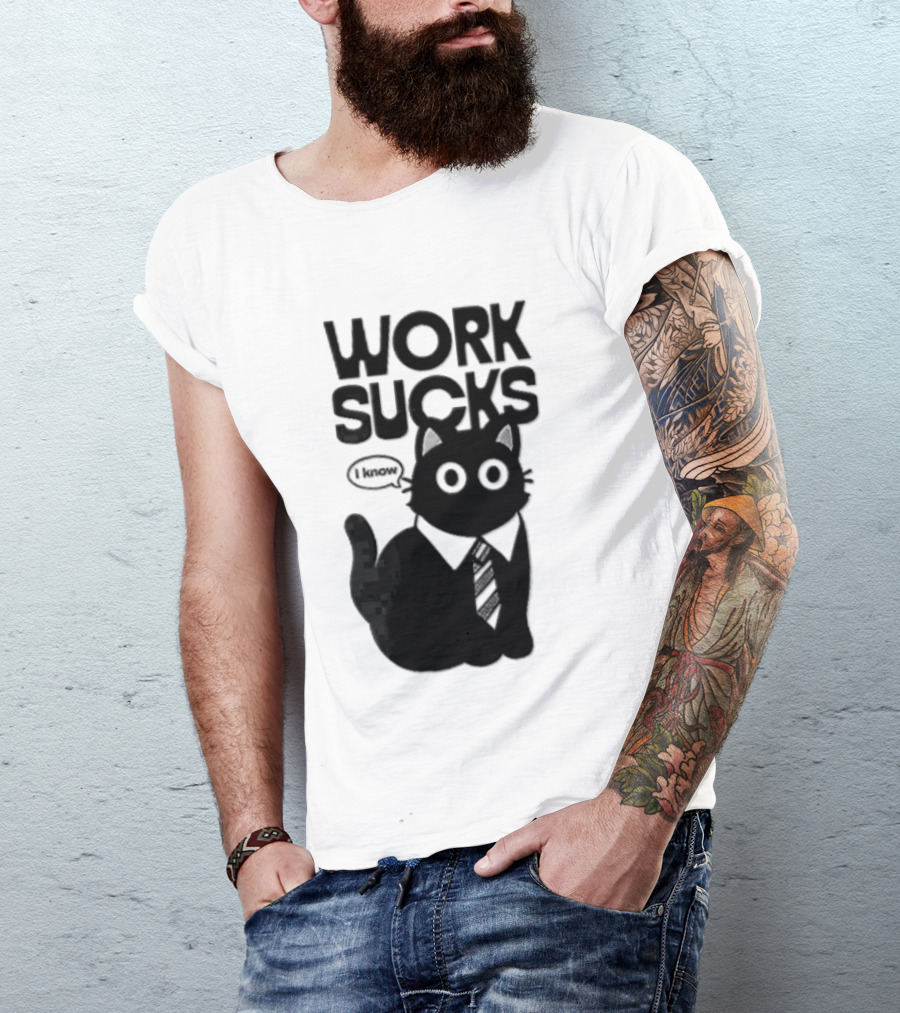 Work Sucks I Know Cartoon Black Cat T-Shirt