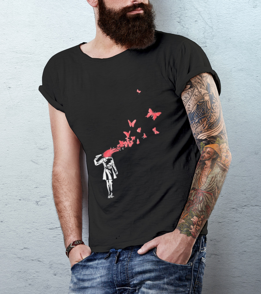 Banksy Girl Red Butterfly Burst Explosion T-Shirt