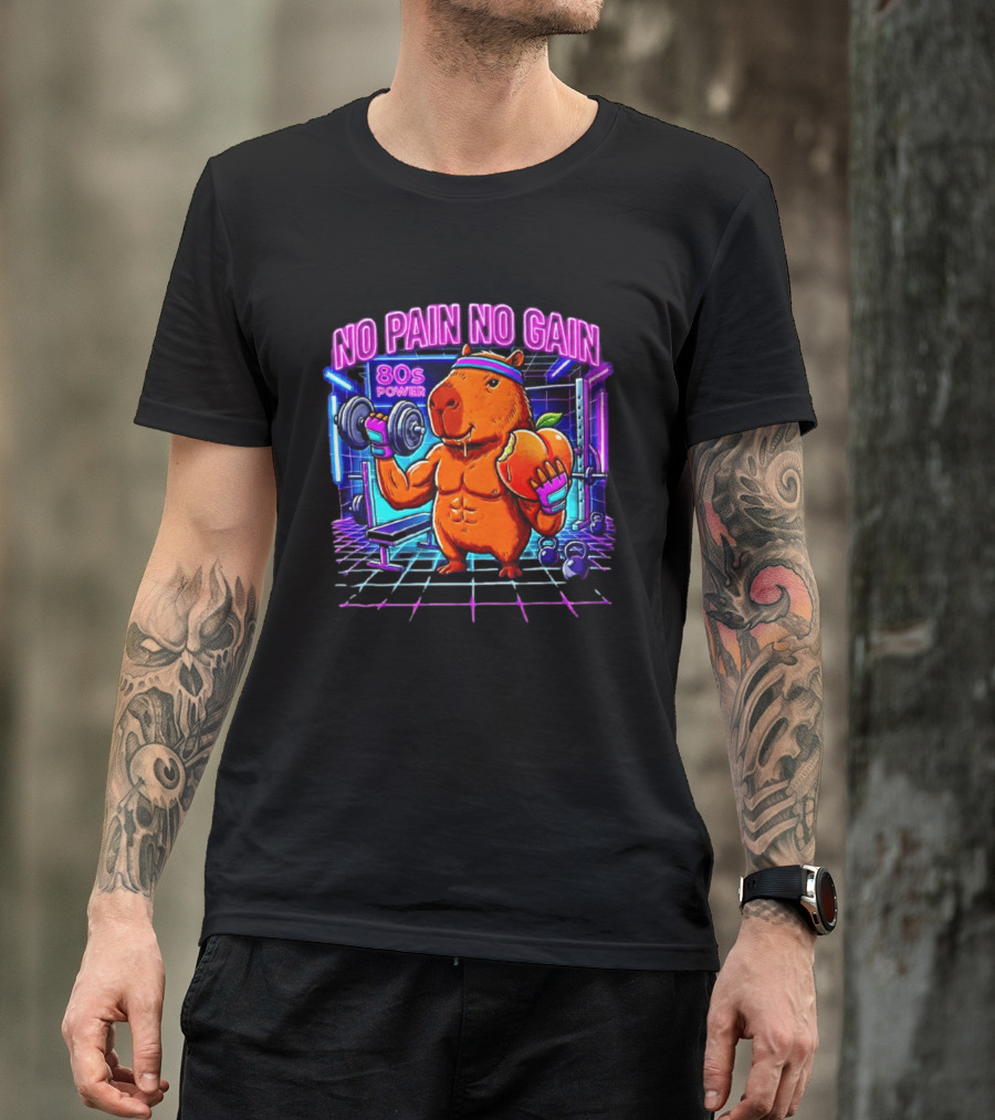 Capybara No Pain No Gain 80s Power Lifting Fitness Workout Gym T-Shirt