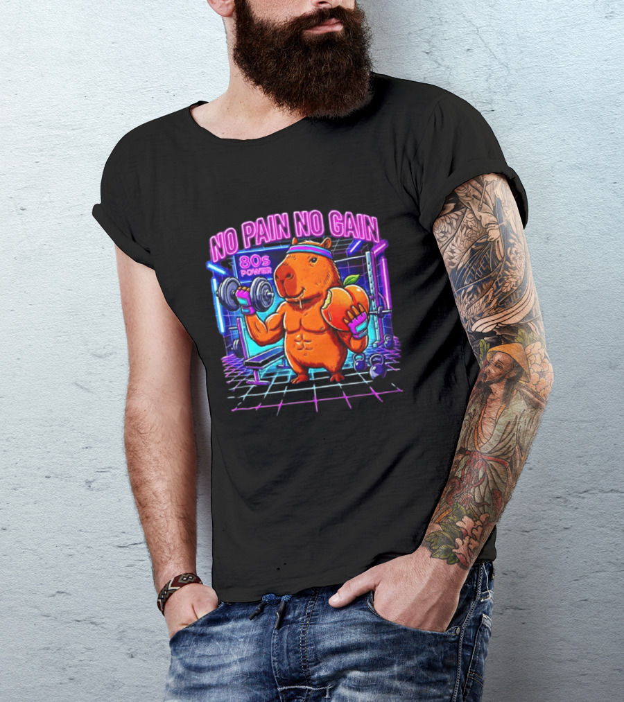 Capybara No Pain No Gain 80s Power Lifting Fitness Workout Gym T-Shirt