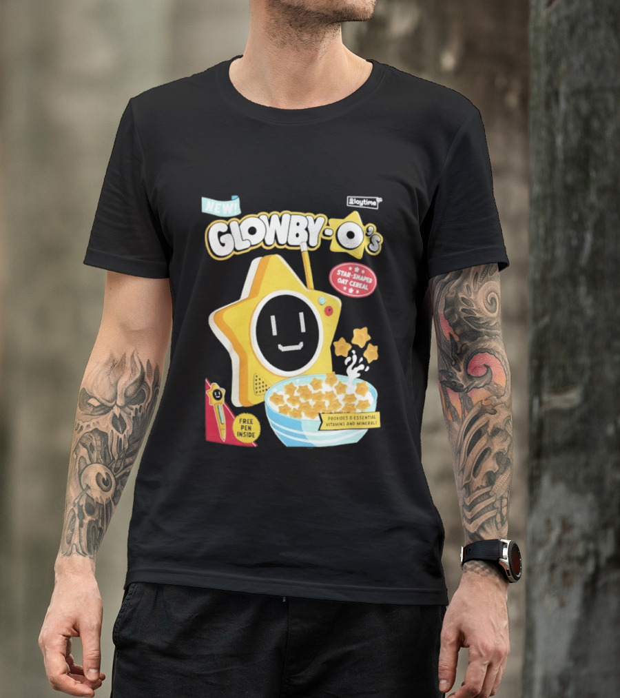 NEW Playtime Co Glowby O's Star Shaped Oat Cereal Box With Smiling Star And Bowl Of Cereal Bites T-Shirt