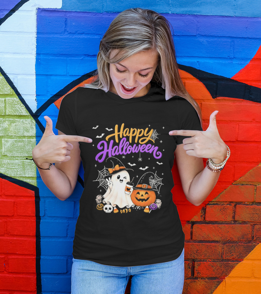 Happy Halloween Ghost Pumpkin Candy And Spider Webs T-Shirt
