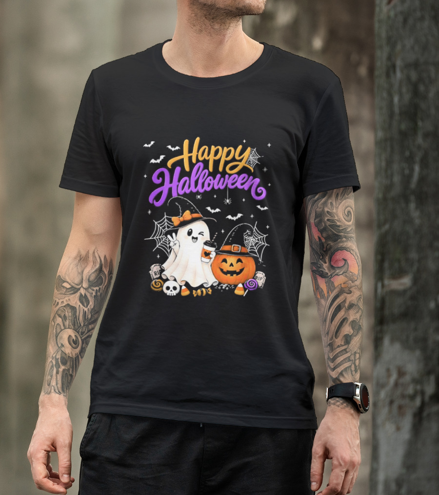Happy Halloween Ghost Pumpkin Candy And Spider Webs T-Shirt