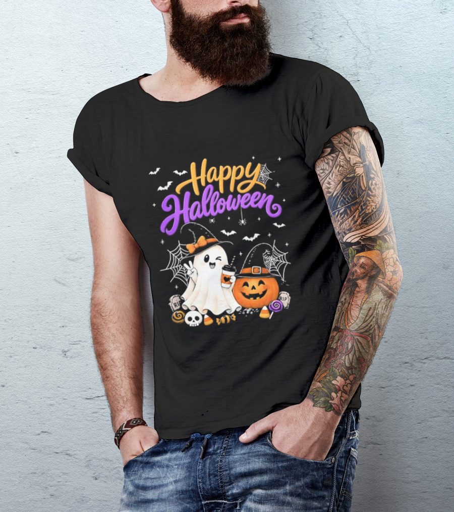 Happy Halloween Ghost Pumpkin Candy And Spider Webs T-Shirt