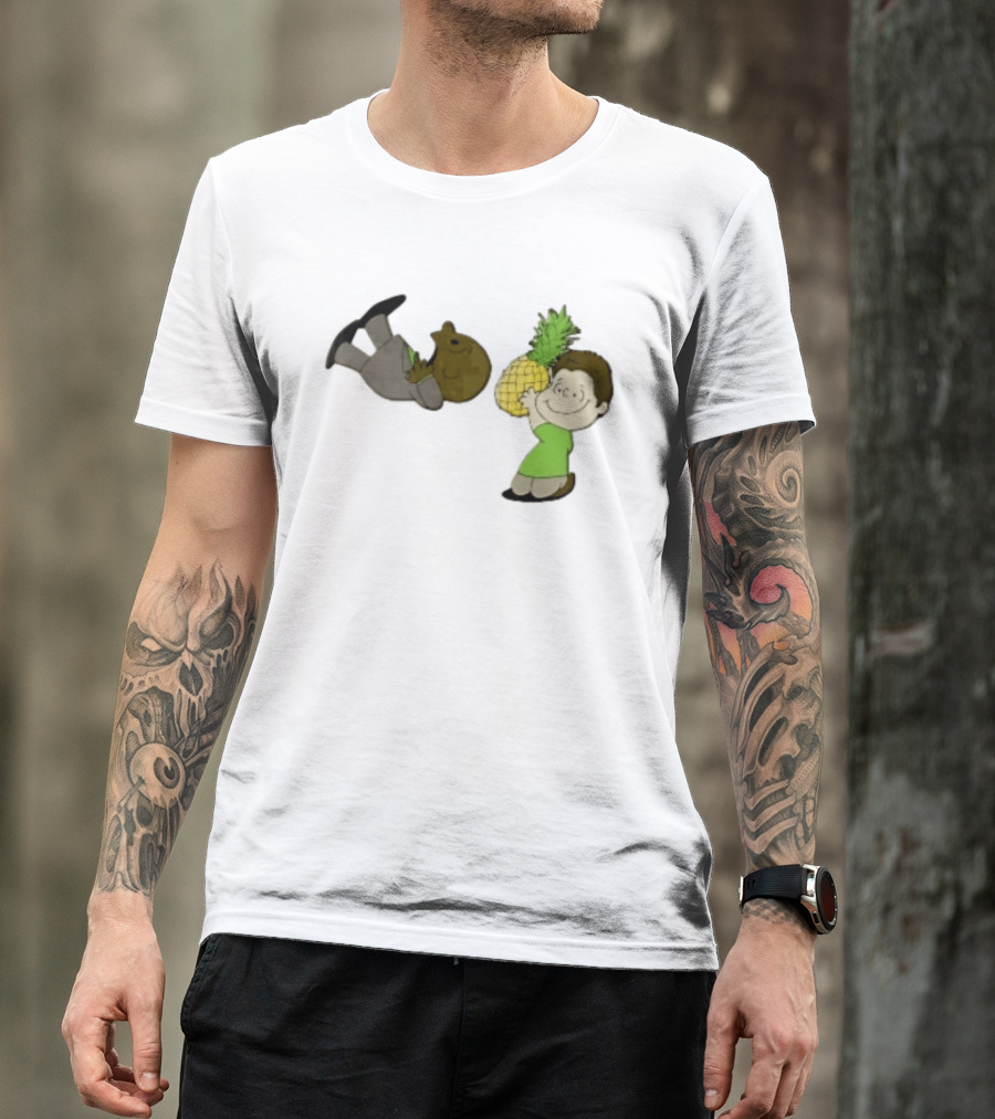Cartoon Smiling Boy With Upside Down Pineapple Suit Person T-Shirt