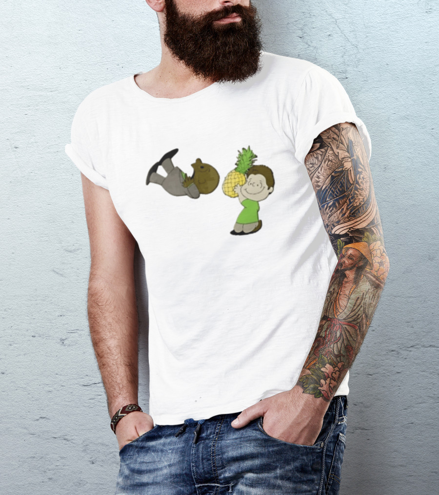 Cartoon Smiling Boy With Upside Down Pineapple Suit Person T-Shirt
