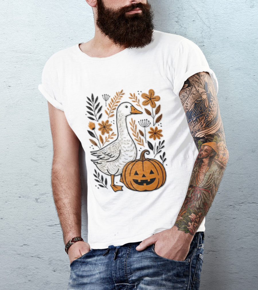 Goose With Jack O' Lantern Pumpkin Autumn Leaves And Flowers T-Shirt