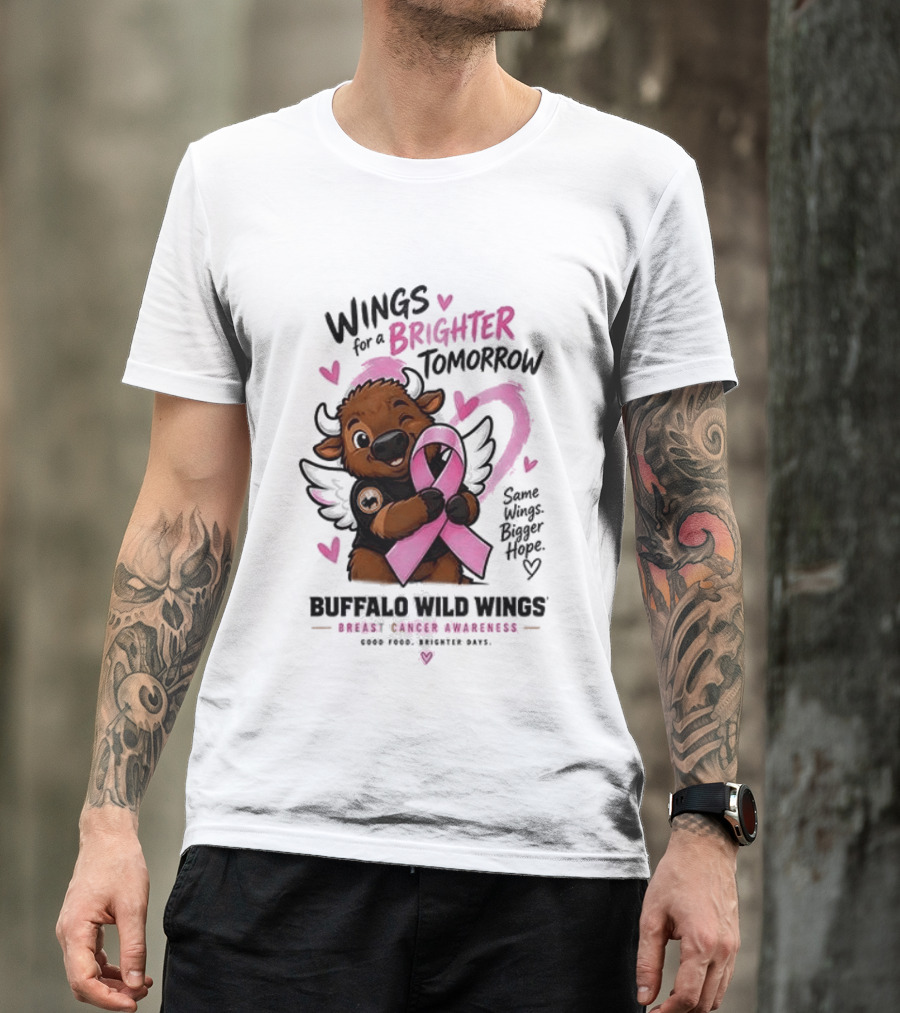 Wings For A Brighter Tomorrow Buffalo Wild Wings Breast Cancer Awareness Pink Ribbon Hearts T-Shirt
