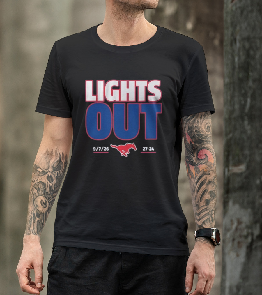 SMU Mustangs Football Lights Out 9 7 26 27 24 T-Shirt