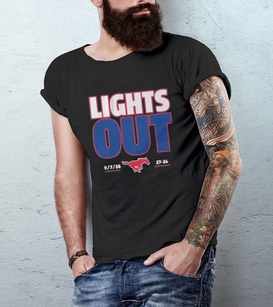 SMU Mustangs Football Lights Out 9 7 26 27 24 T-Shirt