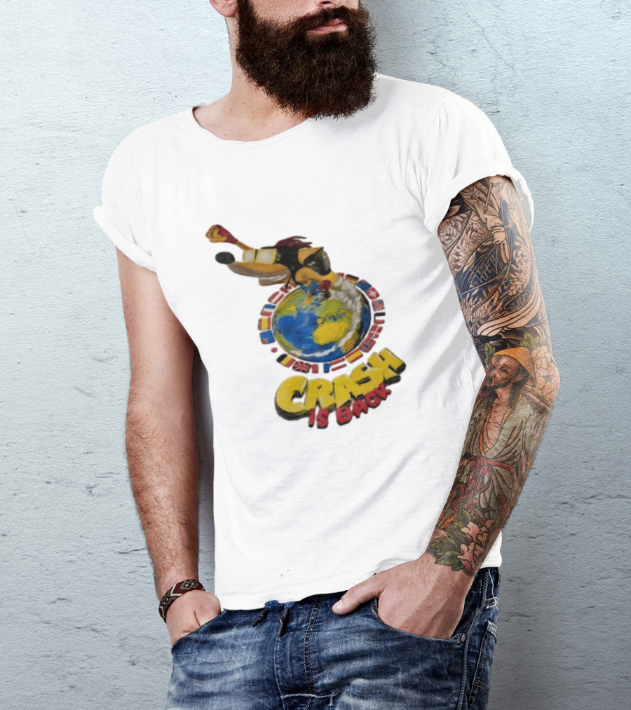 Crash Is Back Jetpack Adventure World Flags Globe Cartoon T-Shirt
