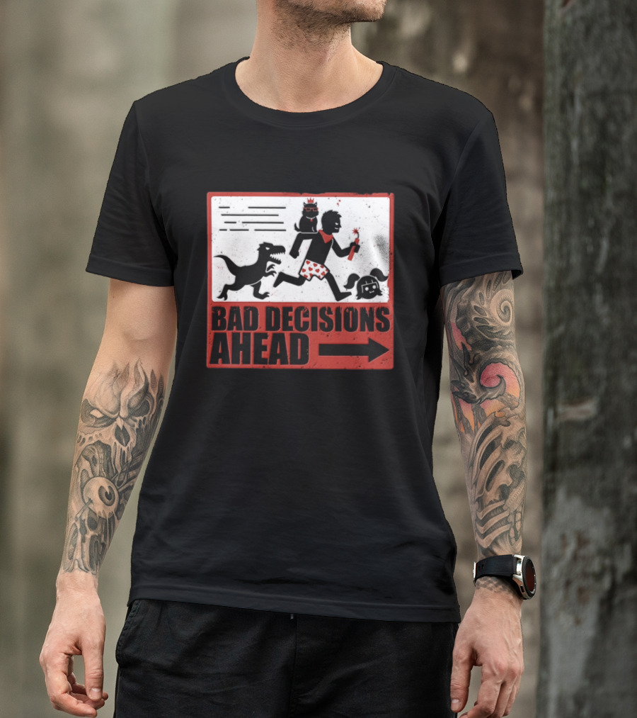 Bad Decisions Ahead Running From Dinosaur Distressed Humor T-Shirt
