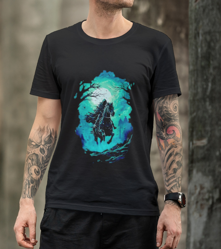 Headless Horseman Eerie Night Ride Through Spooky Forest T-Shirt