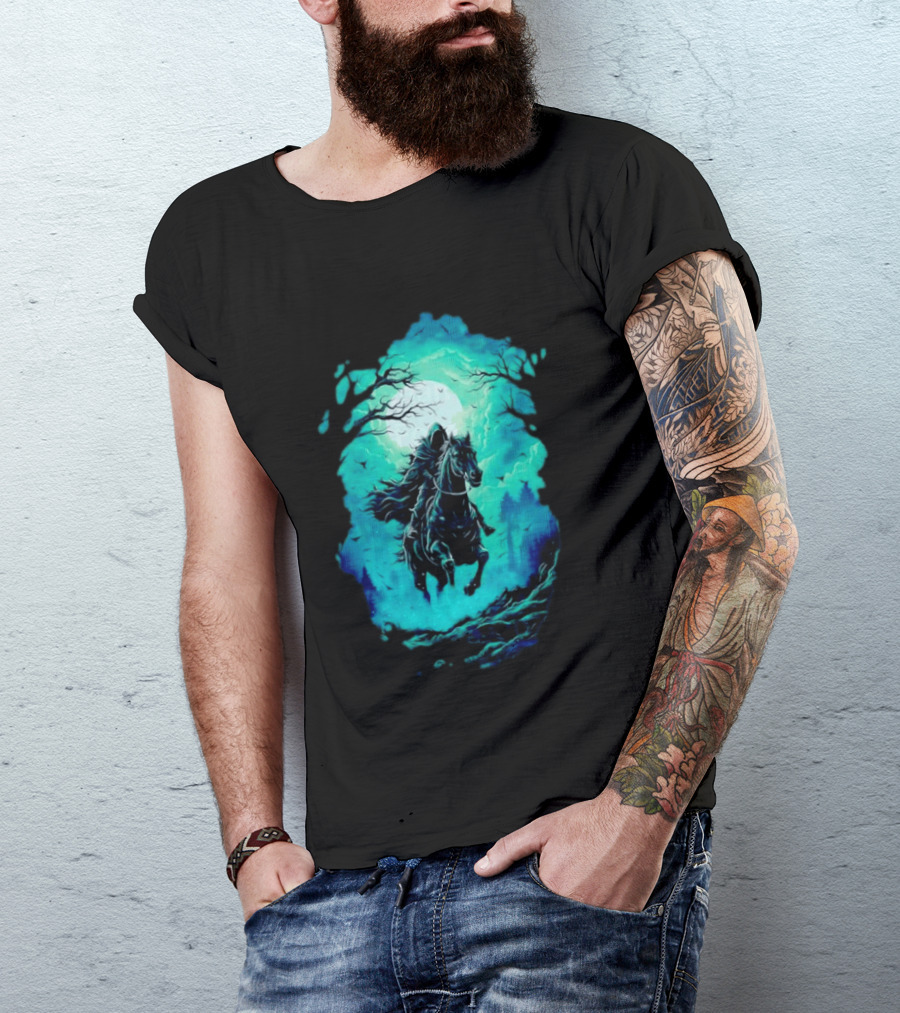 Headless Horseman Eerie Night Ride Through Spooky Forest T-Shirt