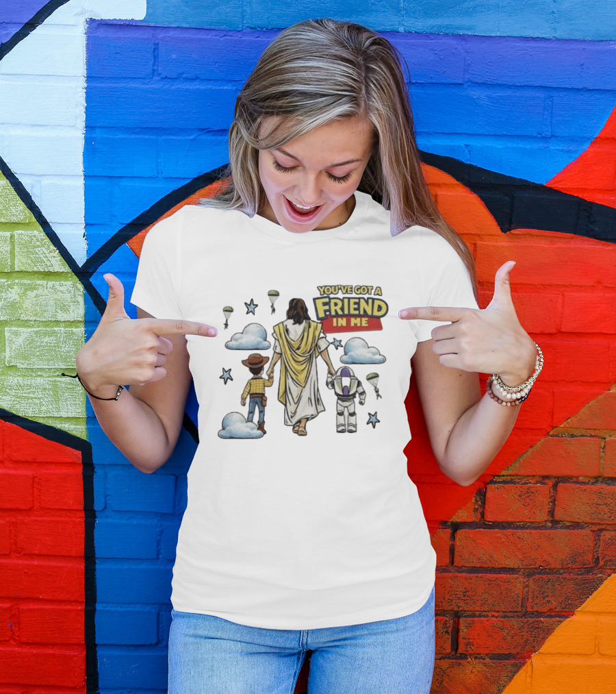 You've Got A Friend In Me Jesus Woody Buzz Lightyear Parachutes Clouds Stars T-Shirt