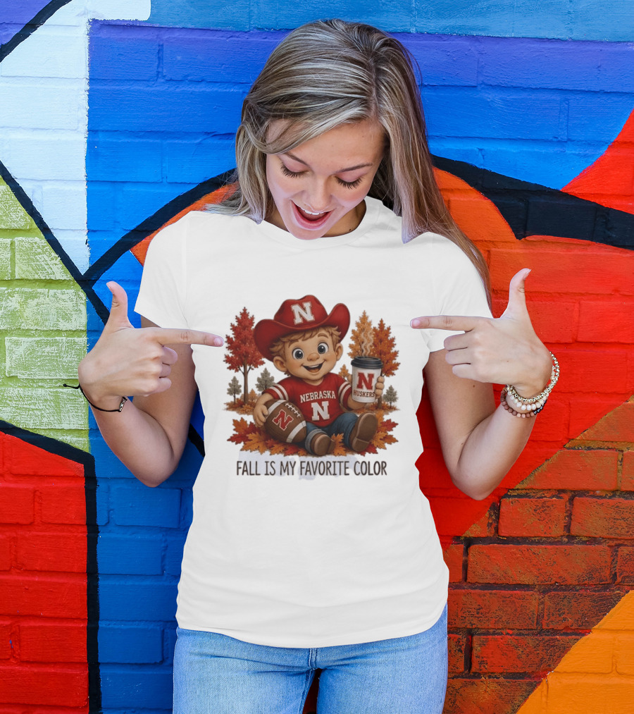Nebraska Huskers Fall Football Kid Holding Coffee And Ball T-Shirt