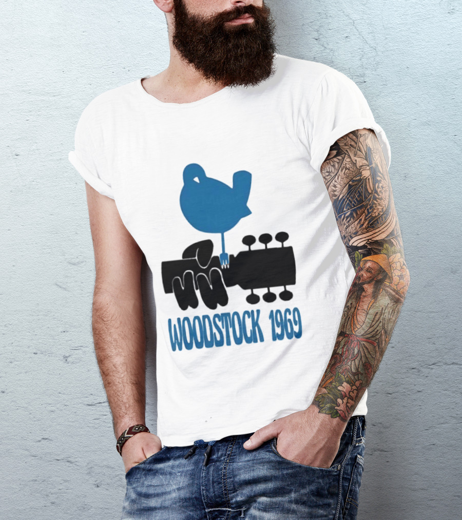 Woodstock 1969 Music Festival Bird On Guitar Neck T-Shirt