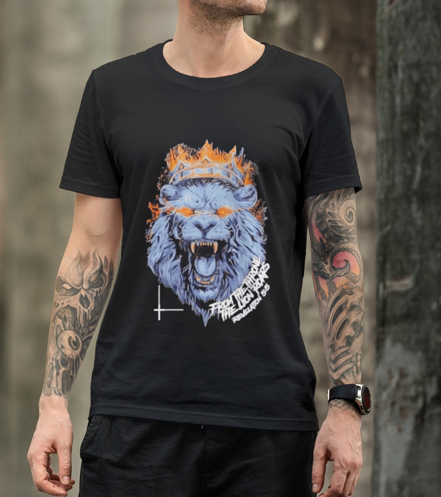 From The Throne The Lion Roars Revelation 5 5 Blue Flame Crown Lionhead T-Shirt