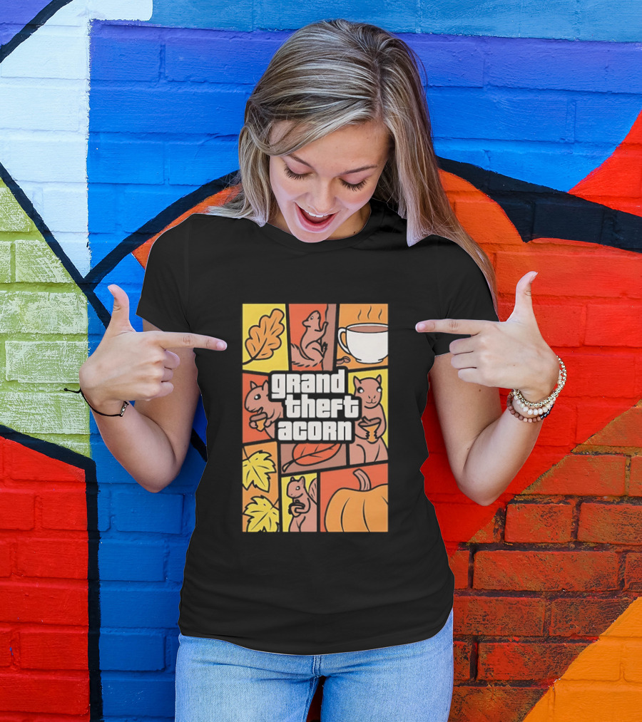Grand Theft Acorn Autumn Squirrel Coffee Pumpkin Leaves T-Shirt
