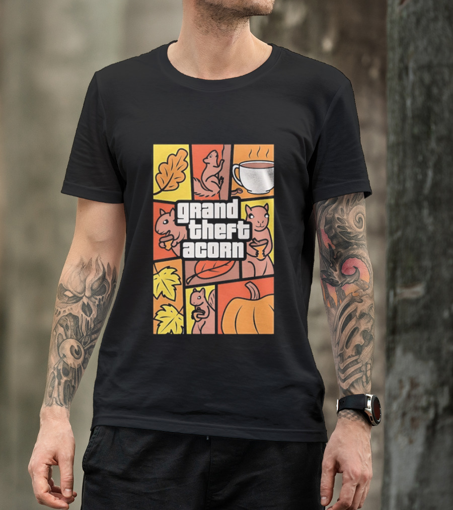 Grand Theft Acorn Autumn Squirrel Coffee Pumpkin Leaves T-Shirt