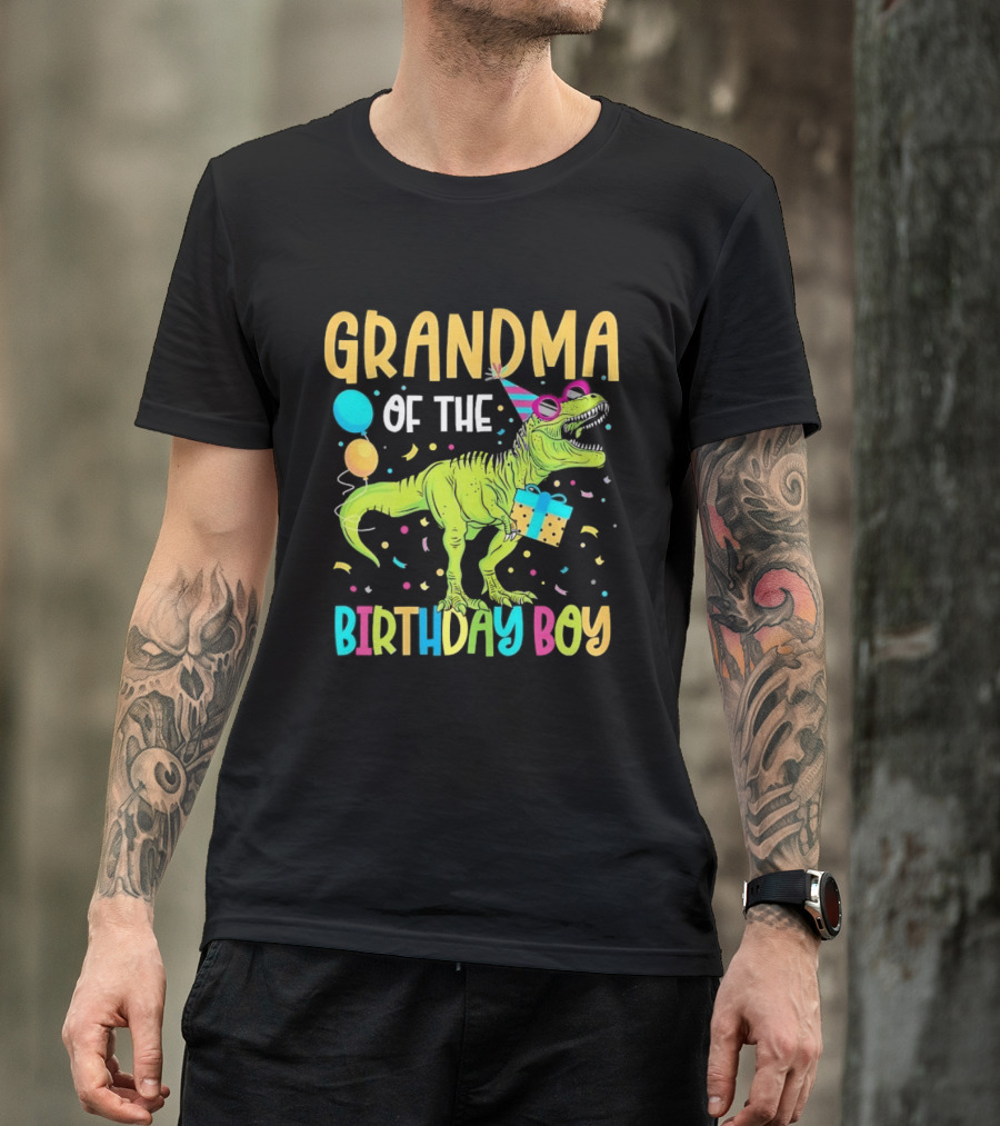 Grandma Of The Birthday Boy Dinosaur Party Balloons And Gift Celebration T-Shirt