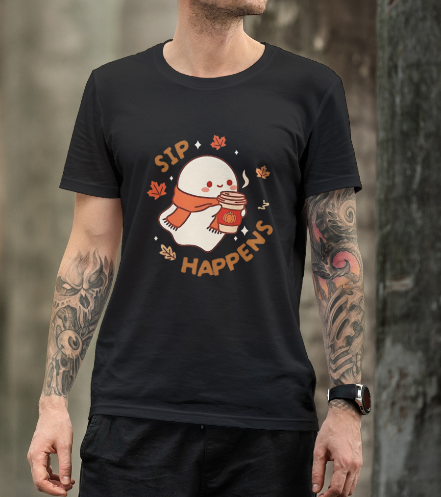 Sip Happens Ghost Pumpkin Spice Latte With Leaves And Scarf T-Shirt