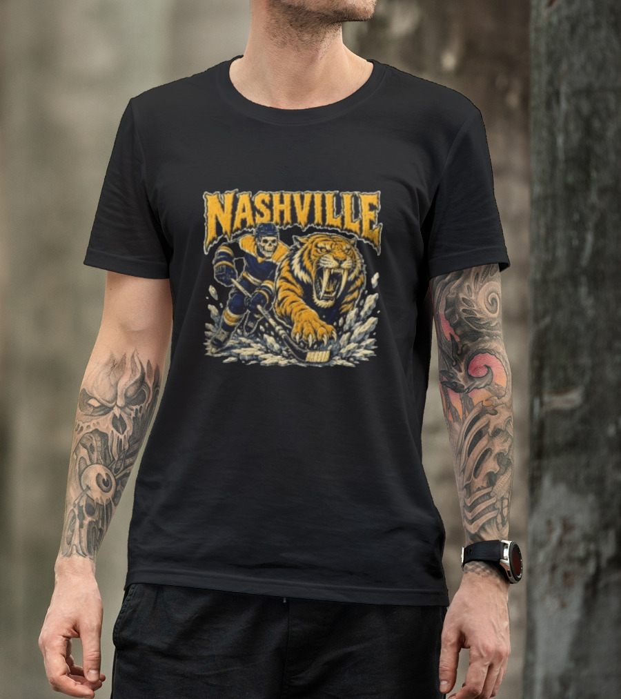 Nashville Hockey Skeleton Player With Fierce Tiger T-Shirt