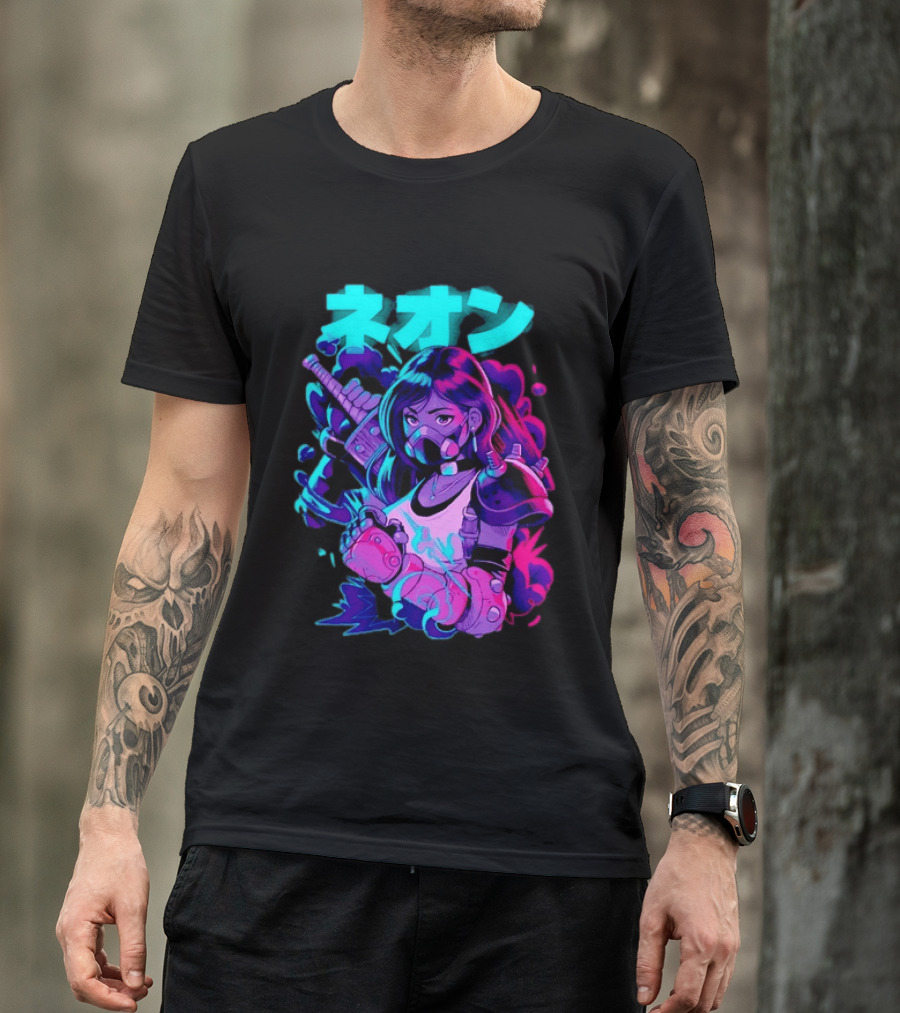 Neon Cyberpunk Anime Warrior Girl Futuristic Vaporwave Aesthetic T-Shirt