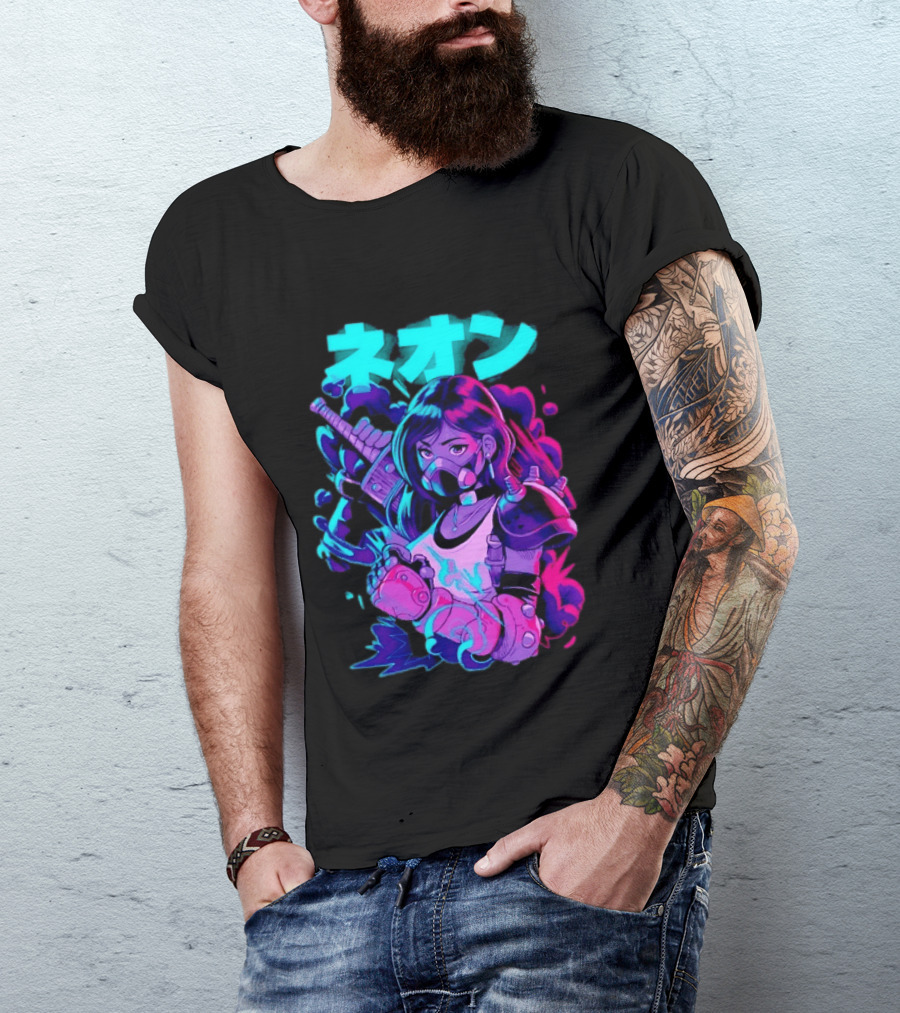 Neon Cyberpunk Anime Warrior Girl Futuristic Vaporwave Aesthetic T-Shirt