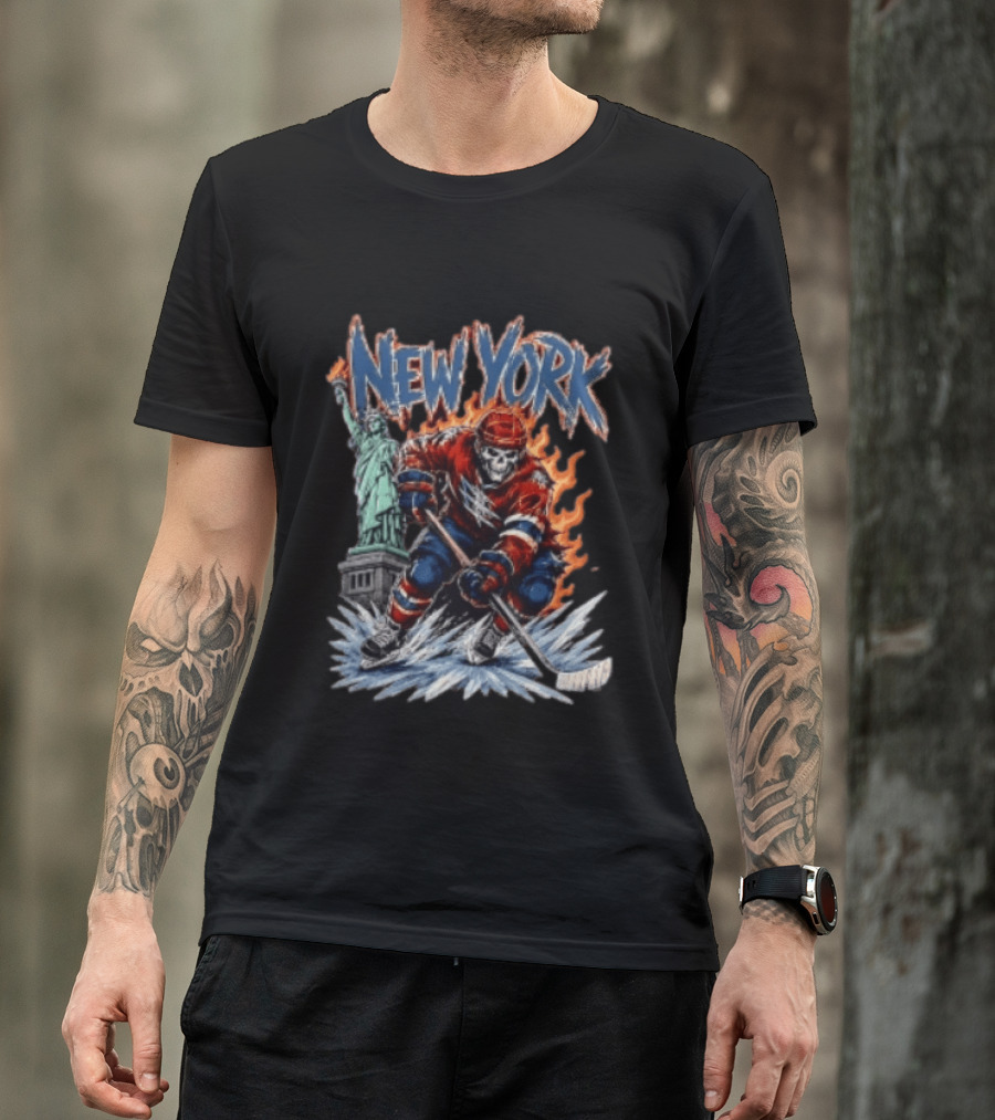 New York Rangers Skeleton Hockey Player Statue Of Liberty Flames T-Shirt