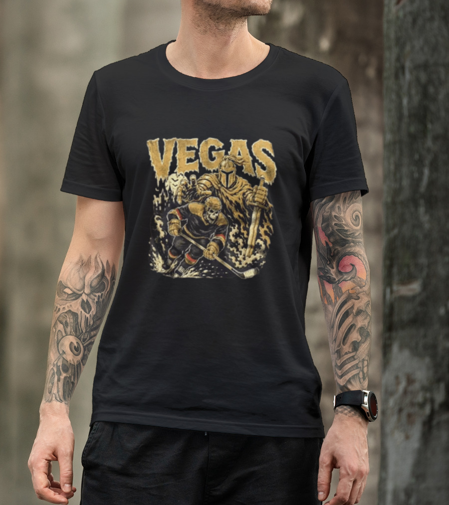 Vegas Golden Knights Skeleton Hockey Player With Knight And Sword T-Shirt
