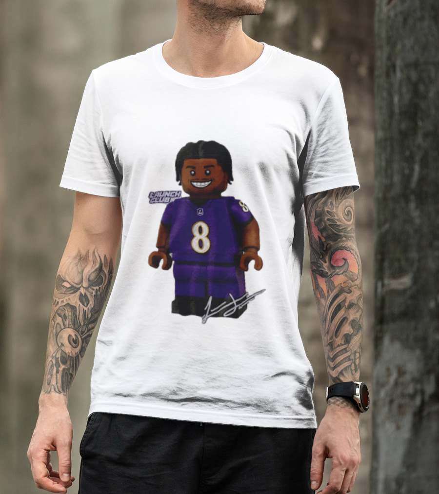 Baltimore Ravens Lamar Jackson Lego Minifigure Purple Jersey Number 8 T-Shirt