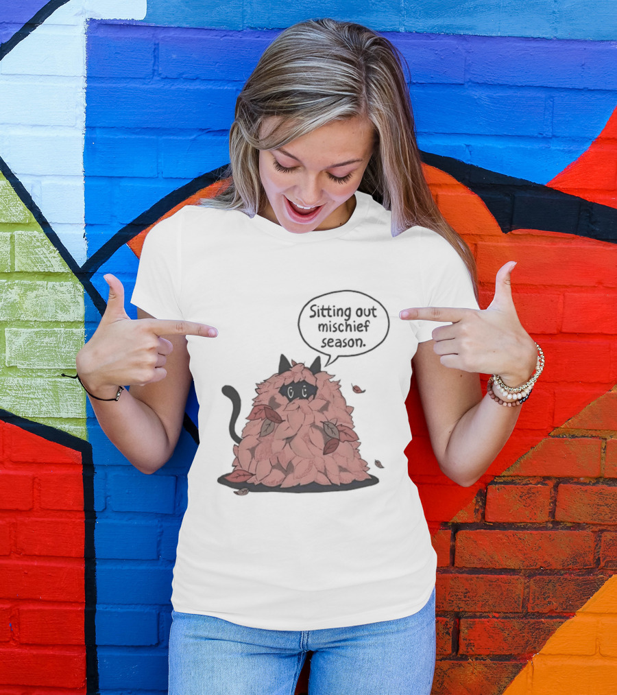 Sitting Out Mischief Season Cat Autumn Leaves T-Shirt