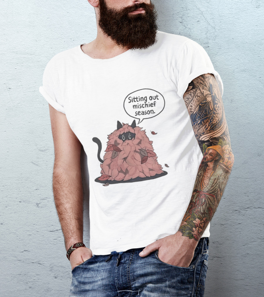 Sitting Out Mischief Season Cat Autumn Leaves T-Shirt