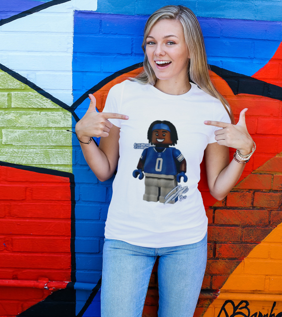 Detroit Lions Jahmyr Gibbs Lego Minifigure Launch Club Football Player T-Shirt