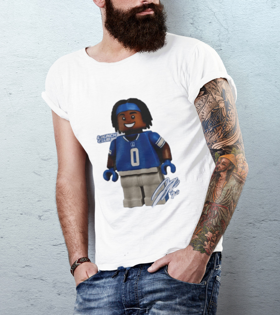 Detroit Lions Jahmyr Gibbs Lego Minifigure Launch Club Football Player T-Shirt
