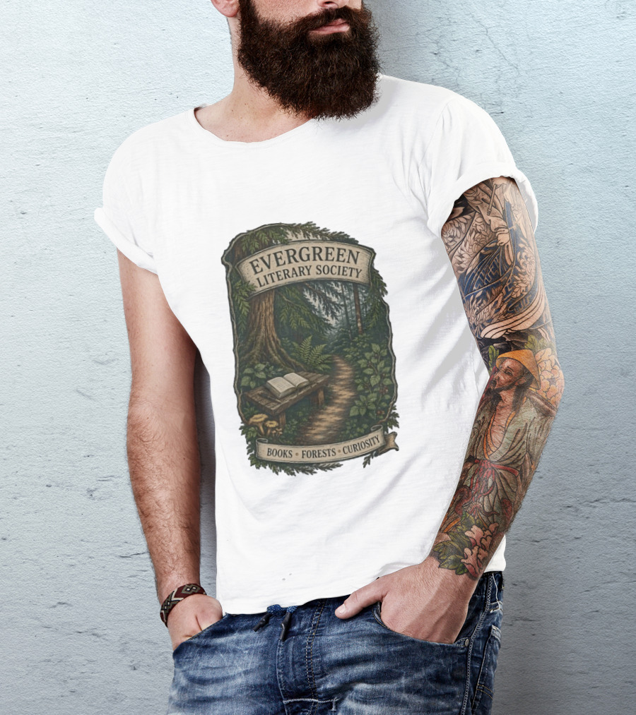 Evergreen Literary Society Books Forests Curiosity Pathway Through Trees T-Shirt