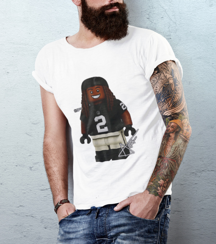 Las Vegas Raiders Running Back Ashton Jeanty 2 Lego Minifigure With Football Helmet T-Shirt